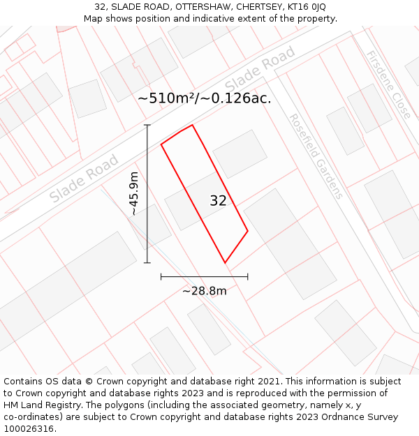 32, SLADE ROAD, OTTERSHAW, CHERTSEY, KT16 0JQ: Plot and title map