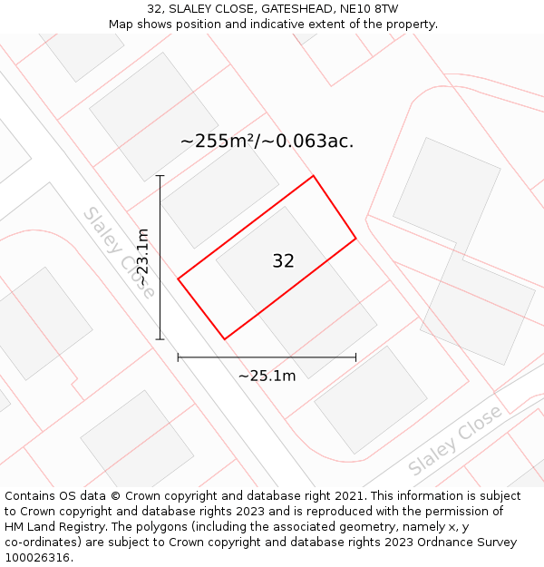 32, SLALEY CLOSE, GATESHEAD, NE10 8TW: Plot and title map