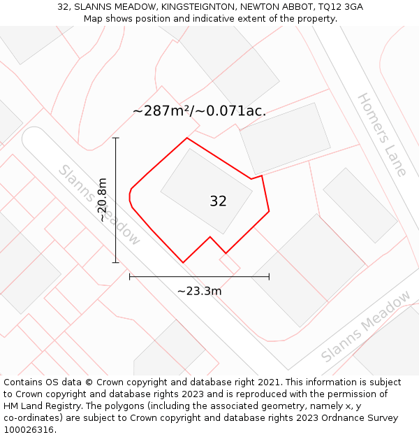 32, SLANNS MEADOW, KINGSTEIGNTON, NEWTON ABBOT, TQ12 3GA: Plot and title map