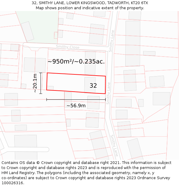 32, SMITHY LANE, LOWER KINGSWOOD, TADWORTH, KT20 6TX: Plot and title map