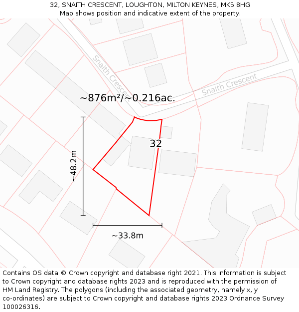 32, SNAITH CRESCENT, LOUGHTON, MILTON KEYNES, MK5 8HG: Plot and title map