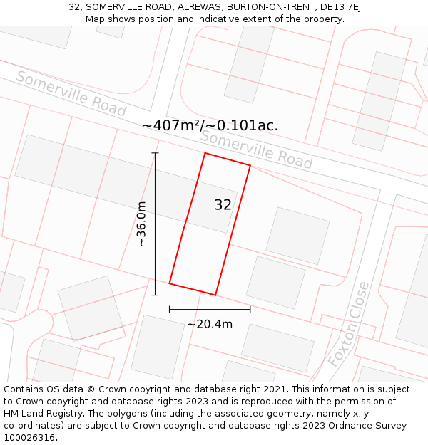 32, SOMERVILLE ROAD, ALREWAS, BURTON-ON-TRENT, DE13 7EJ: Plot and title map