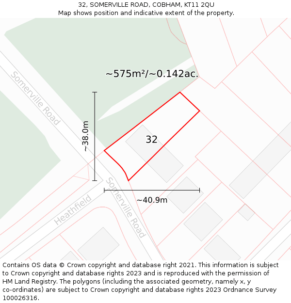 32, SOMERVILLE ROAD, COBHAM, KT11 2QU: Plot and title map