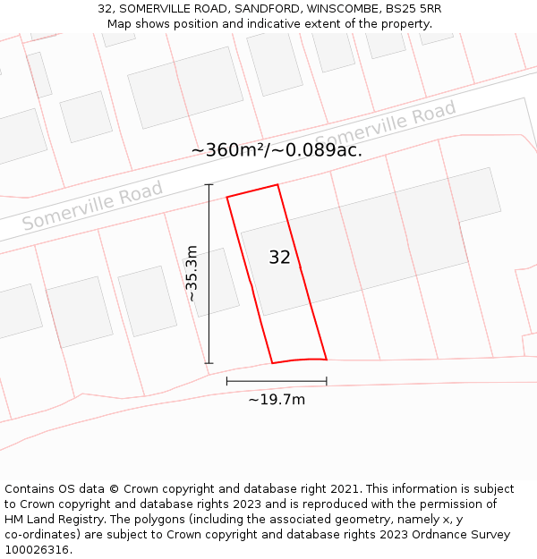 32, SOMERVILLE ROAD, SANDFORD, WINSCOMBE, BS25 5RR: Plot and title map