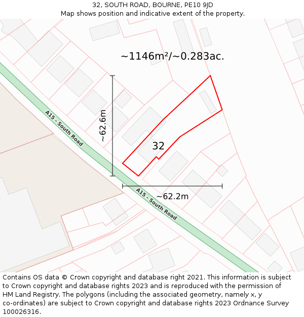 32, SOUTH ROAD, BOURNE, PE10 9JD: Plot and title map