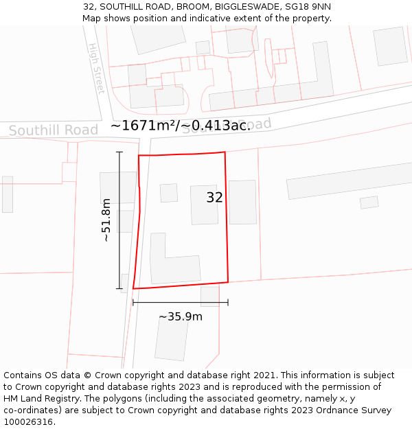 32, SOUTHILL ROAD, BROOM, BIGGLESWADE, SG18 9NN: Plot and title map