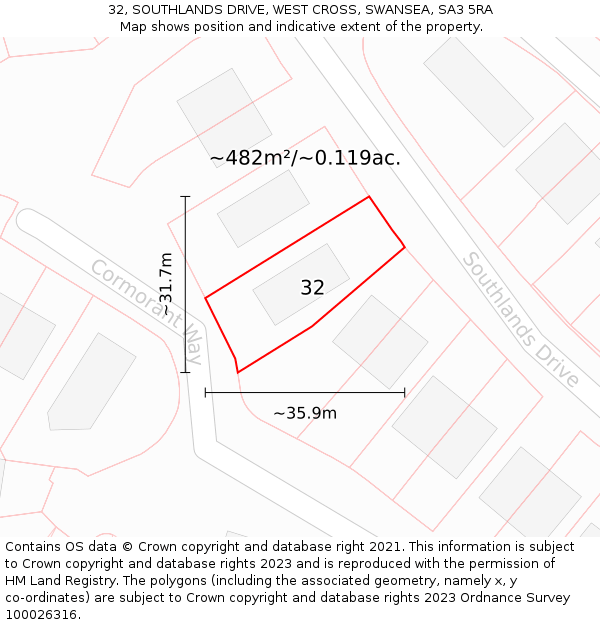 32, SOUTHLANDS DRIVE, WEST CROSS, SWANSEA, SA3 5RA: Plot and title map