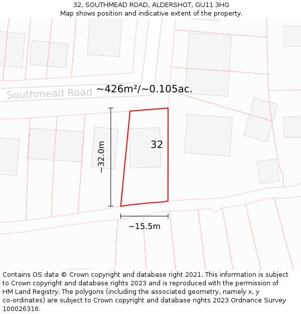 32, SOUTHMEAD ROAD, ALDERSHOT, GU11 3HG: Plot and title map