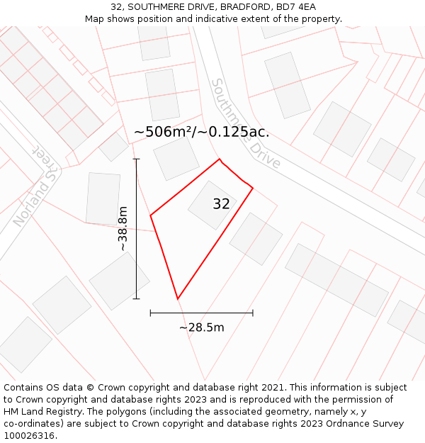 32, SOUTHMERE DRIVE, BRADFORD, BD7 4EA: Plot and title map