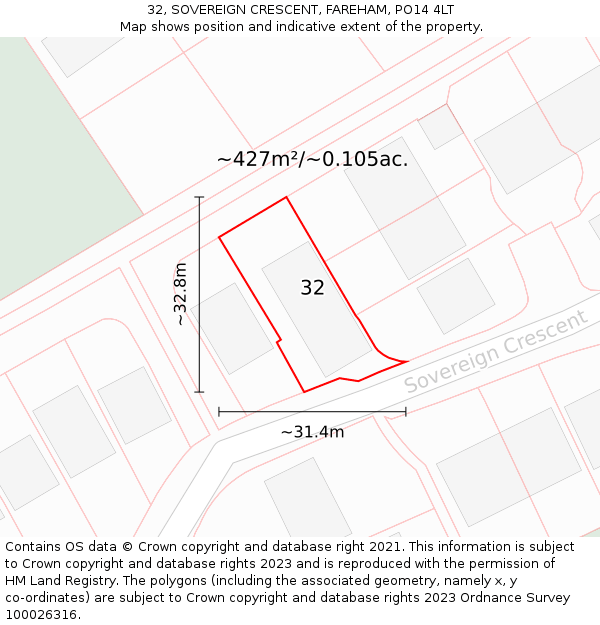 32, SOVEREIGN CRESCENT, FAREHAM, PO14 4LT: Plot and title map