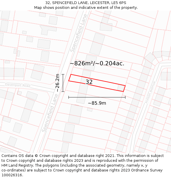 32, SPENCEFIELD LANE, LEICESTER, LE5 6PS: Plot and title map