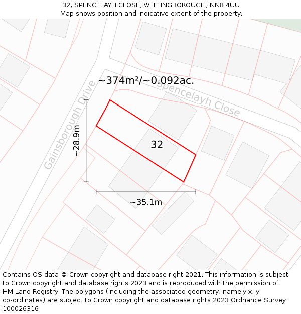 32, SPENCELAYH CLOSE, WELLINGBOROUGH, NN8 4UU: Plot and title map