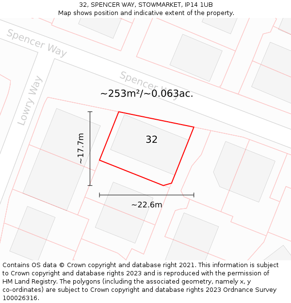 32, SPENCER WAY, STOWMARKET, IP14 1UB: Plot and title map