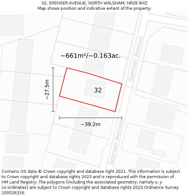 32, SPENSER AVENUE, NORTH WALSHAM, NR28 9HZ: Plot and title map