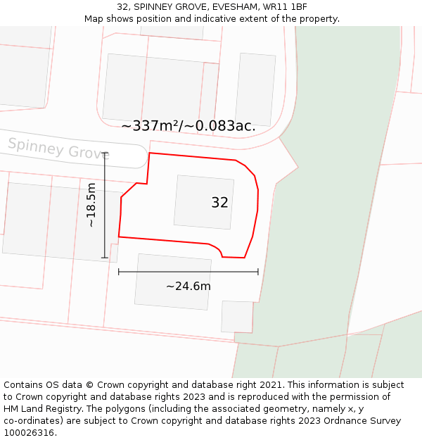 32, SPINNEY GROVE, EVESHAM, WR11 1BF: Plot and title map