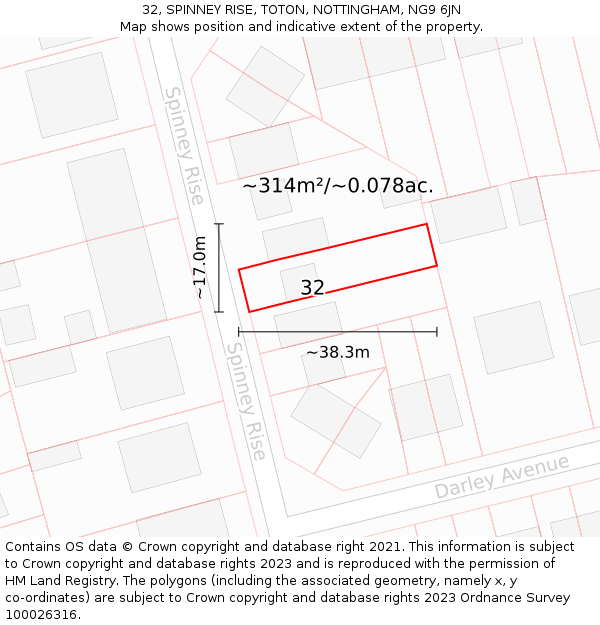 32, SPINNEY RISE, TOTON, NOTTINGHAM, NG9 6JN: Plot and title map