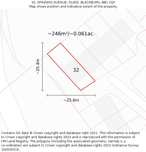 32, SPINNING AVENUE, GUIDE, BLACKBURN, BB1 2QF: Plot and title map