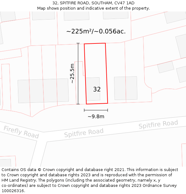 32, SPITFIRE ROAD, SOUTHAM, CV47 1AD: Plot and title map