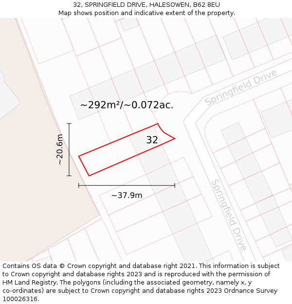 32, SPRINGFIELD DRIVE, HALESOWEN, B62 8EU: Plot and title map