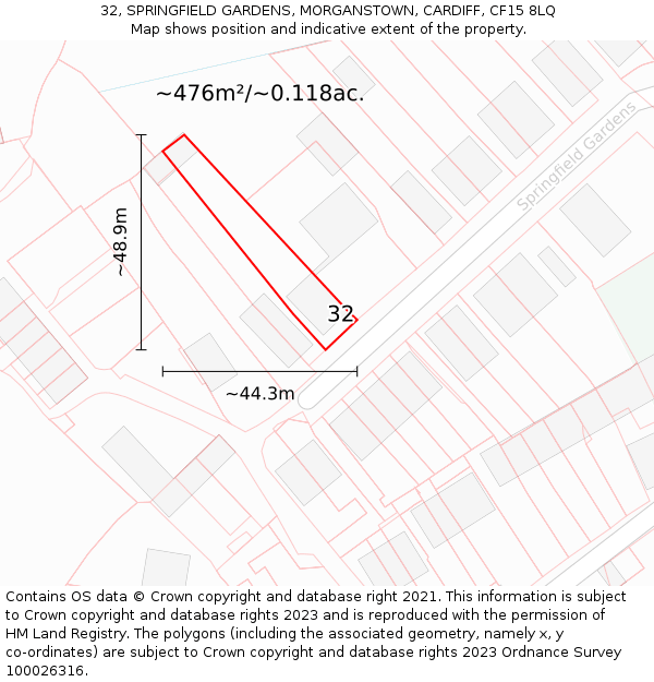 32, SPRINGFIELD GARDENS, MORGANSTOWN, CARDIFF, CF15 8LQ: Plot and title map