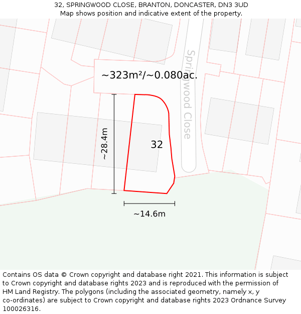 32, SPRINGWOOD CLOSE, BRANTON, DONCASTER, DN3 3UD: Plot and title map