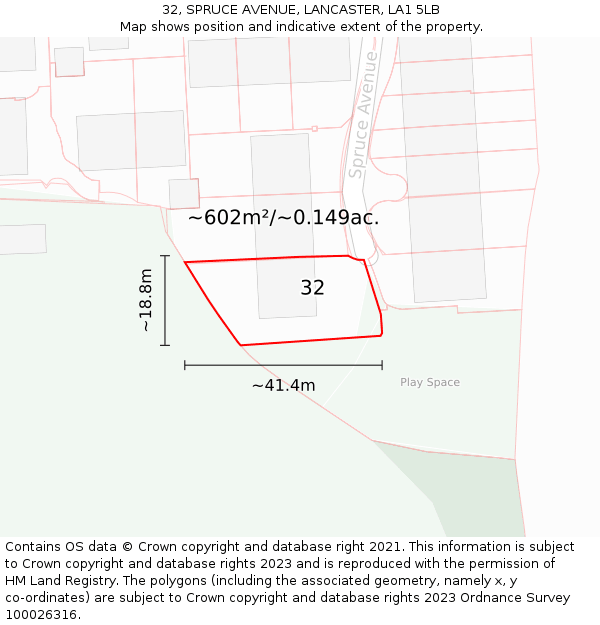 32, SPRUCE AVENUE, LANCASTER, LA1 5LB: Plot and title map