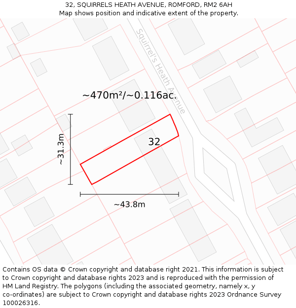 32, SQUIRRELS HEATH AVENUE, ROMFORD, RM2 6AH: Plot and title map