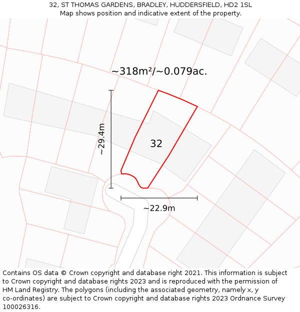 32, ST THOMAS GARDENS, BRADLEY, HUDDERSFIELD, HD2 1SL: Plot and title map
