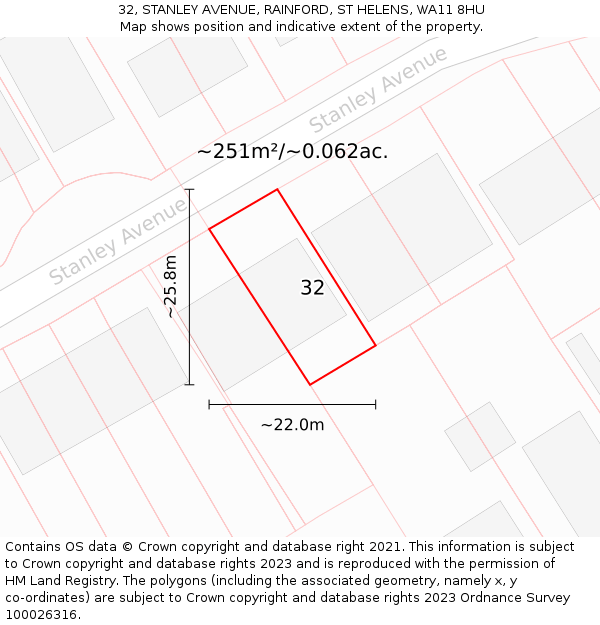 32, STANLEY AVENUE, RAINFORD, ST HELENS, WA11 8HU: Plot and title map