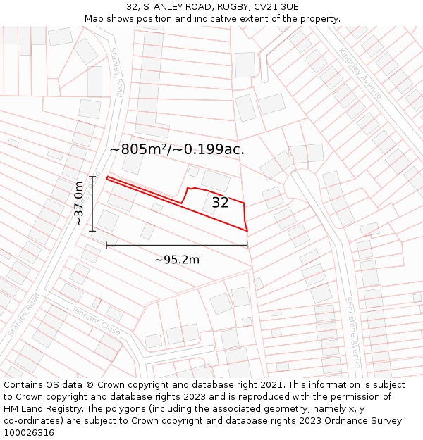 32, STANLEY ROAD, RUGBY, CV21 3UE: Plot and title map