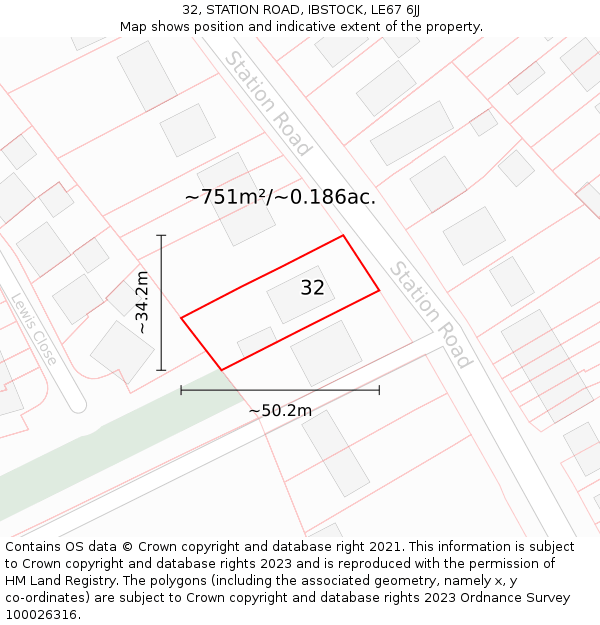 32, STATION ROAD, IBSTOCK, LE67 6JJ: Plot and title map