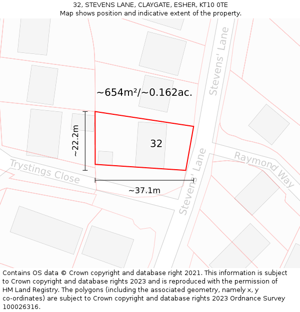 32, STEVENS LANE, CLAYGATE, ESHER, KT10 0TE: Plot and title map