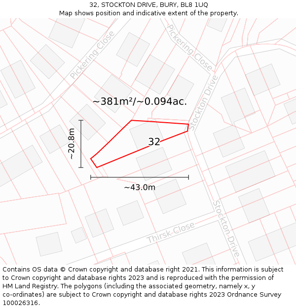 32, STOCKTON DRIVE, BURY, BL8 1UQ: Plot and title map