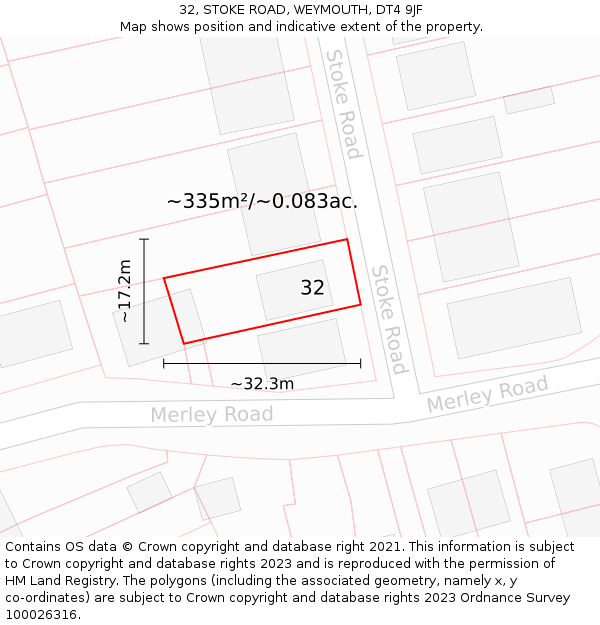 32, STOKE ROAD, WEYMOUTH, DT4 9JF: Plot and title map