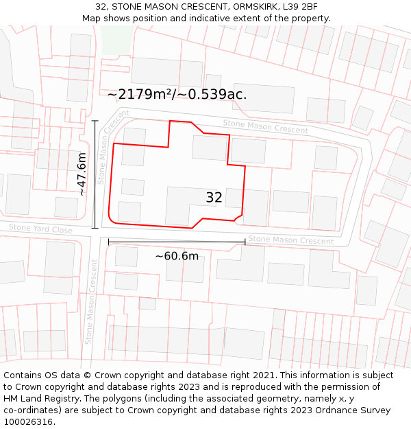 32, STONE MASON CRESCENT, ORMSKIRK, L39 2BF: Plot and title map