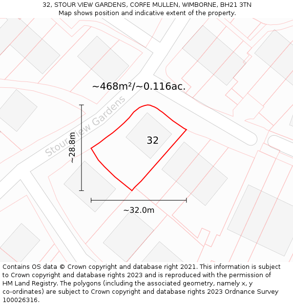 32, STOUR VIEW GARDENS, CORFE MULLEN, WIMBORNE, BH21 3TN: Plot and title map