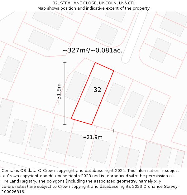 32, STRAHANE CLOSE, LINCOLN, LN5 8TL: Plot and title map