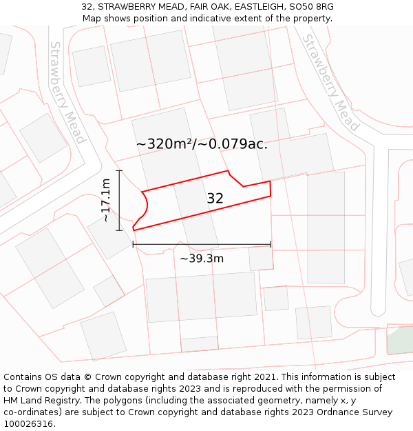 32, STRAWBERRY MEAD, FAIR OAK, EASTLEIGH, SO50 8RG: Plot and title map