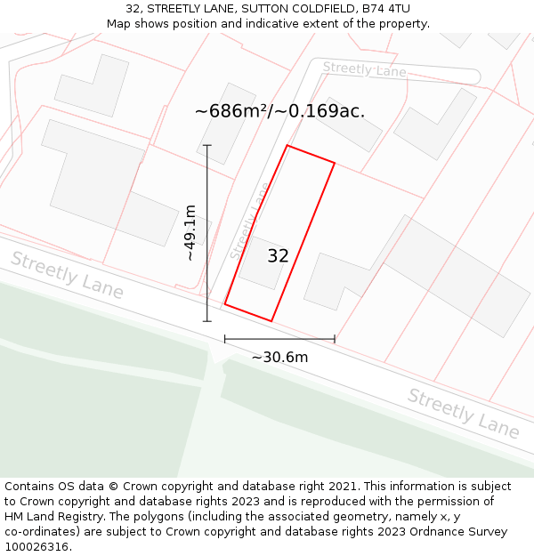 32, STREETLY LANE, SUTTON COLDFIELD, B74 4TU: Plot and title map