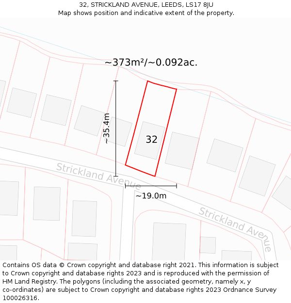 32, STRICKLAND AVENUE, LEEDS, LS17 8JU: Plot and title map