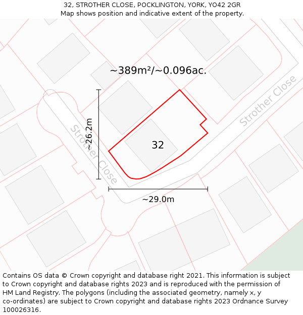 32, STROTHER CLOSE, POCKLINGTON, YORK, YO42 2GR: Plot and title map