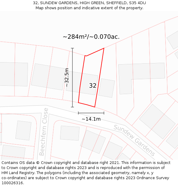 32, SUNDEW GARDENS, HIGH GREEN, SHEFFIELD, S35 4DU: Plot and title map