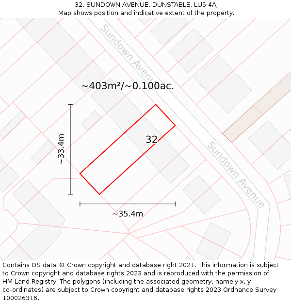 32, SUNDOWN AVENUE, DUNSTABLE, LU5 4AJ: Plot and title map