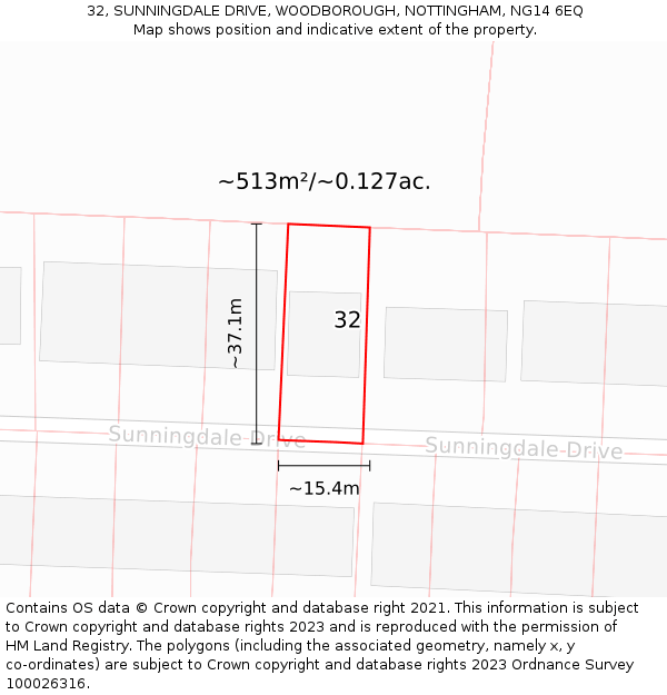 32, SUNNINGDALE DRIVE, WOODBOROUGH, NOTTINGHAM, NG14 6EQ: Plot and title map