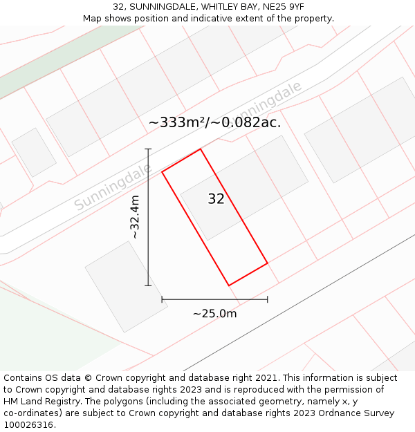 32, SUNNINGDALE, WHITLEY BAY, NE25 9YF: Plot and title map