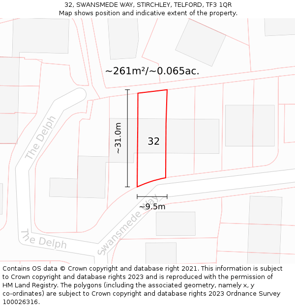 32, SWANSMEDE WAY, STIRCHLEY, TELFORD, TF3 1QR: Plot and title map