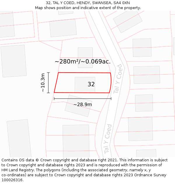 32, TAL Y COED, HENDY, SWANSEA, SA4 0XN: Plot and title map