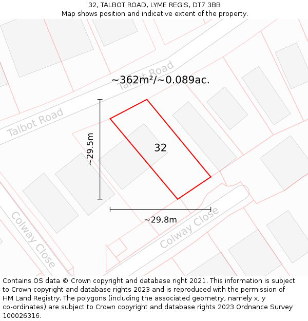 32, TALBOT ROAD, LYME REGIS, DT7 3BB: Plot and title map