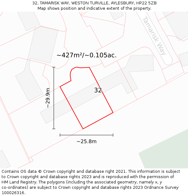 32, TAMARISK WAY, WESTON TURVILLE, AYLESBURY, HP22 5ZB: Plot and title map