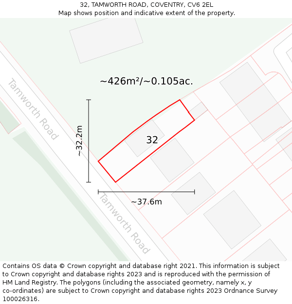 32, TAMWORTH ROAD, COVENTRY, CV6 2EL: Plot and title map